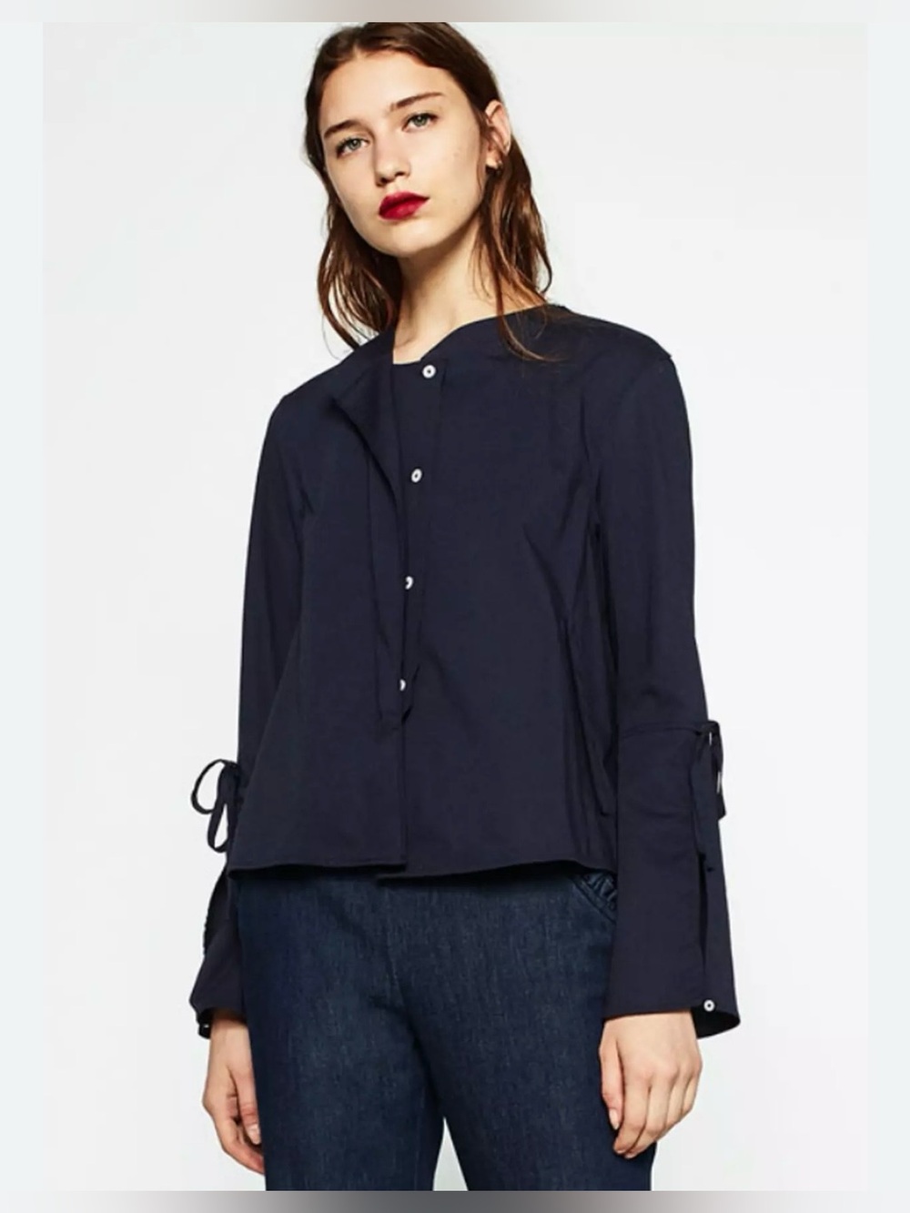 ZARA Navy Blue Poplin Button Down Top XS Flared Split Sleeve Tie High Low